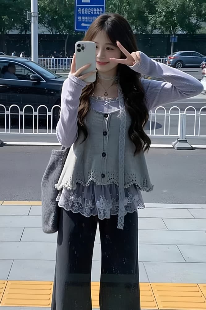2026 봄 새로운 한 부서 착용 가져 가라. 레이스 조각 기본 셔츠 스택 착용 니트 베스트 맨위 투피스 세트 세트 이미지 5