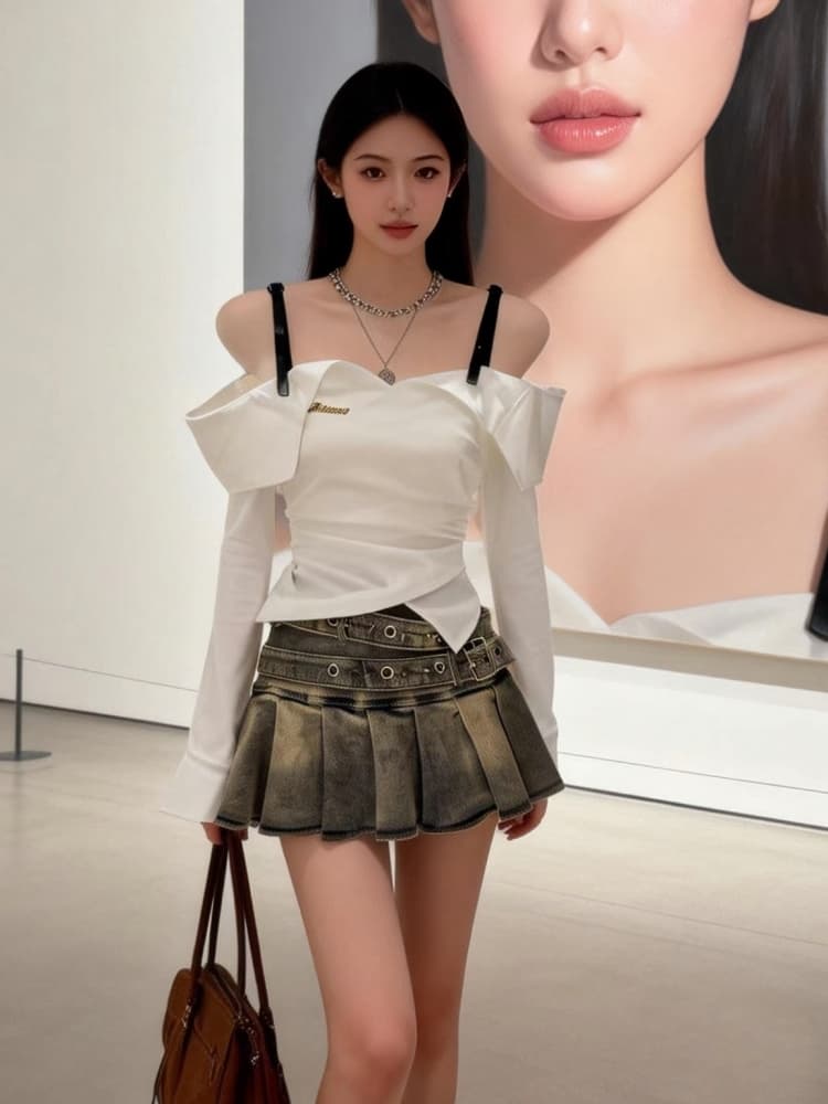 한국 스타일 오프숄더 수 있습니다. 조정 어깨끈 디자인 센스 긴팔 여성 셔츠 봄 새로운 패션 Chic 오프숄더 맨위 이미지 3