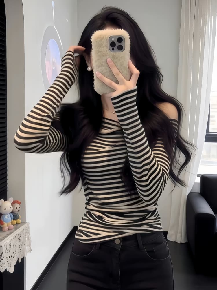 한 부서 착용 가져 가라. 레트로 스트라이프 홀로우 아웃 오프숄더 티셔츠 자이언트 잘 생긴 특별 아름다운 꼬집기 허리 위로 의류 2026 봄
