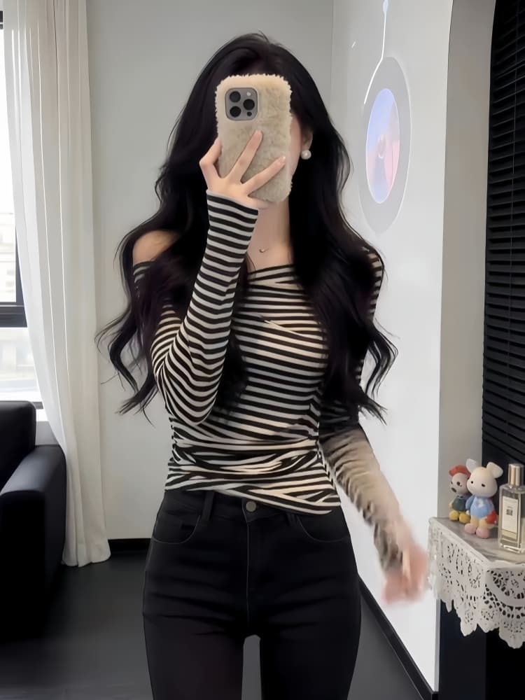 한 부서 착용 가져 가라. 레트로 스트라이프 홀로우 아웃 오프숄더 티셔츠 자이언트 잘 생긴 특별 아름다운 꼬집기 허리 위로 의류 2026 봄 이미지 4