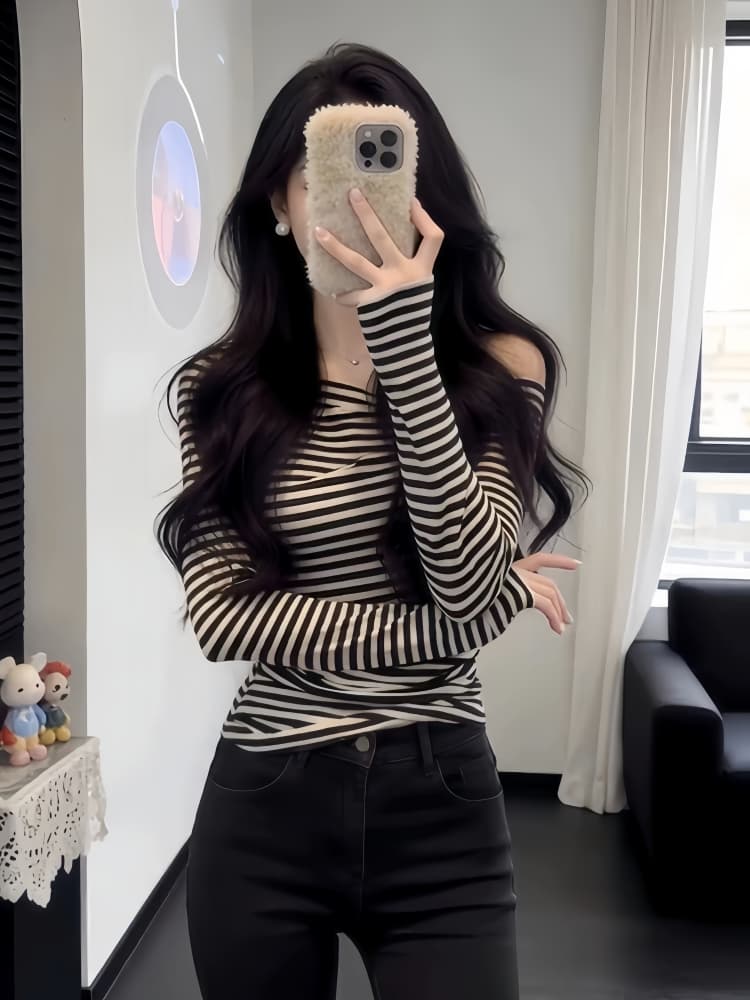 한 부서 착용 가져 가라. 레트로 스트라이프 홀로우 아웃 오프숄더 티셔츠 자이언트 잘 생긴 특별 아름다운 꼬집기 허리 위로 의류 2026 봄 상세 이미지 4