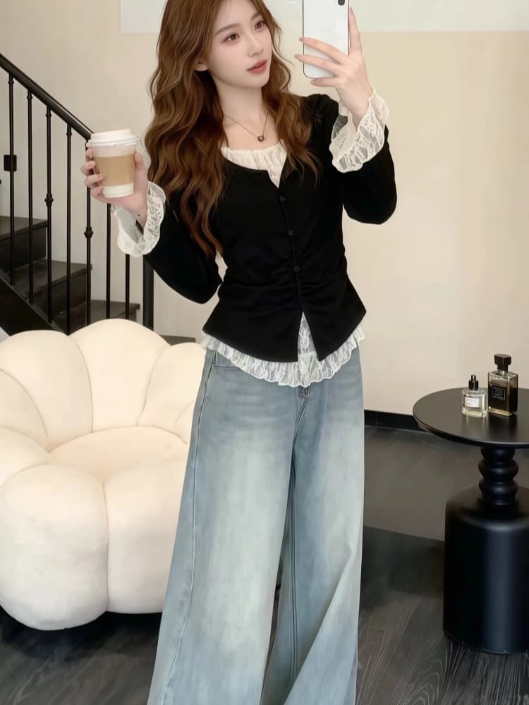 품격 전체 집합 ootd 착용 가져 가라. 2026 새로운 자이언트 잘 생긴 레트로 페이크 레이어드 맨위 청바지 투피스 슈트 이미지 2