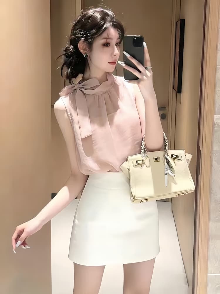 연령 감소 여름 전체 집합 ootd 한 부서 착용 가져 가라. 드레스 작은 샤넬 스타일 품격 쉬폰 블라우스 맨위 미니 스커트 투피스 세트 상세 이미지 3