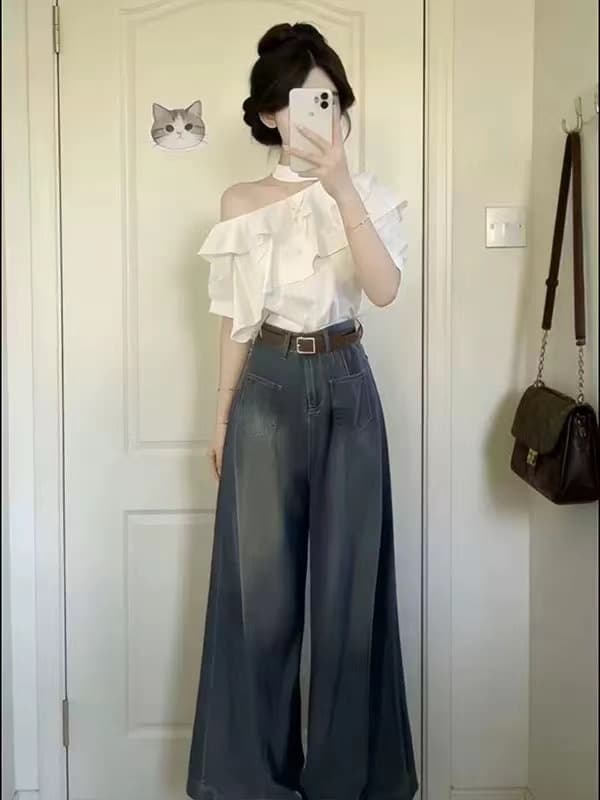 한 부서 전체 집합 ootd 착용 가져 가라. 오프숄더 프릴 맨위 하이웨이스트 와이드 레깅스 바지 여름 투피스 세트 슬림해 보이는 세트 이미지 2