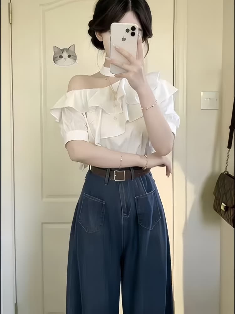 한 부서 전체 집합 ootd 착용 가져 가라. 오프숄더 프릴 맨위 하이웨이스트 와이드 레깅스 바지 여름 투피스 세트 슬림해 보이는 세트 이미지 3