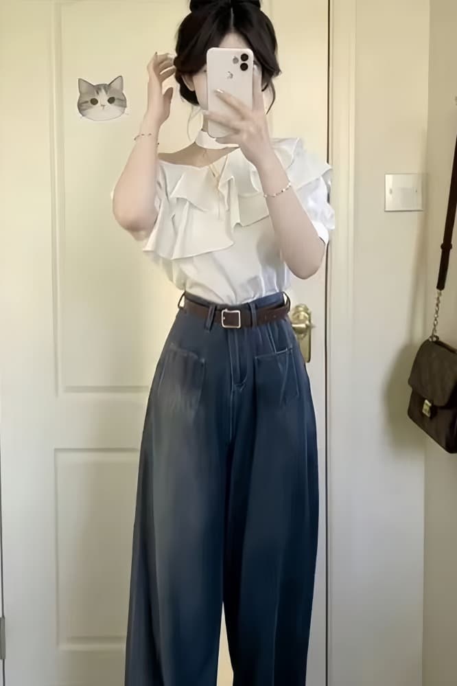 한 부서 전체 집합 ootd 착용 가져 가라. 오프숄더 프릴 맨위 하이웨이스트 와이드 레깅스 바지 여름 투피스 세트 슬림해 보이는 세트 이미지 5