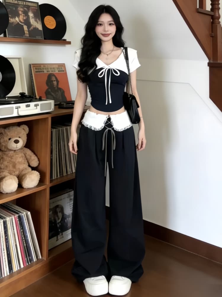 한 부서 디자인 센스 캐주얼 반팔 맨위 와이드 레그 팬츠 투피스 세트 2026 여름 전체 집합 ootd 착용 가져 가라. 세트 이미지 3