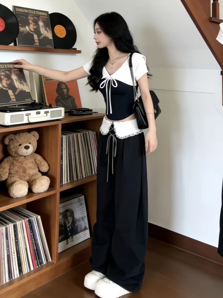 한 부서 디자인 센스 캐주얼 반팔 맨위 와이드 레그 팬츠 투피스 세트 2026 여름 전체 집합 ootd 착용 가져 가라. 세트 이미지 4