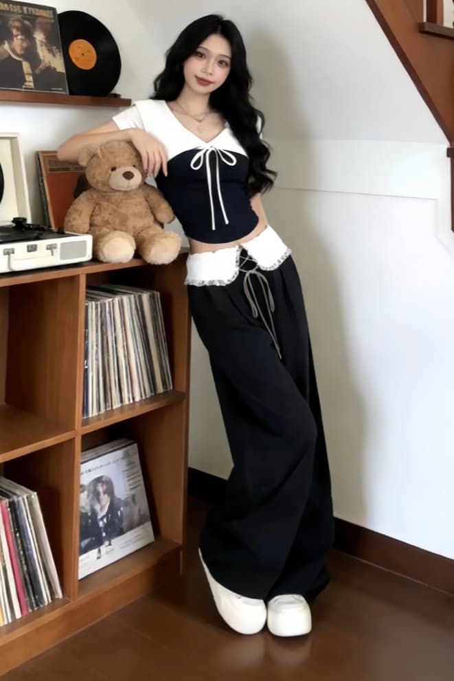 한 부서 디자인 센스 캐주얼 반팔 맨위 와이드 레그 팬츠 투피스 세트 2026 여름 전체 집합 ootd 착용 가져 가라. 세트 이미지 5