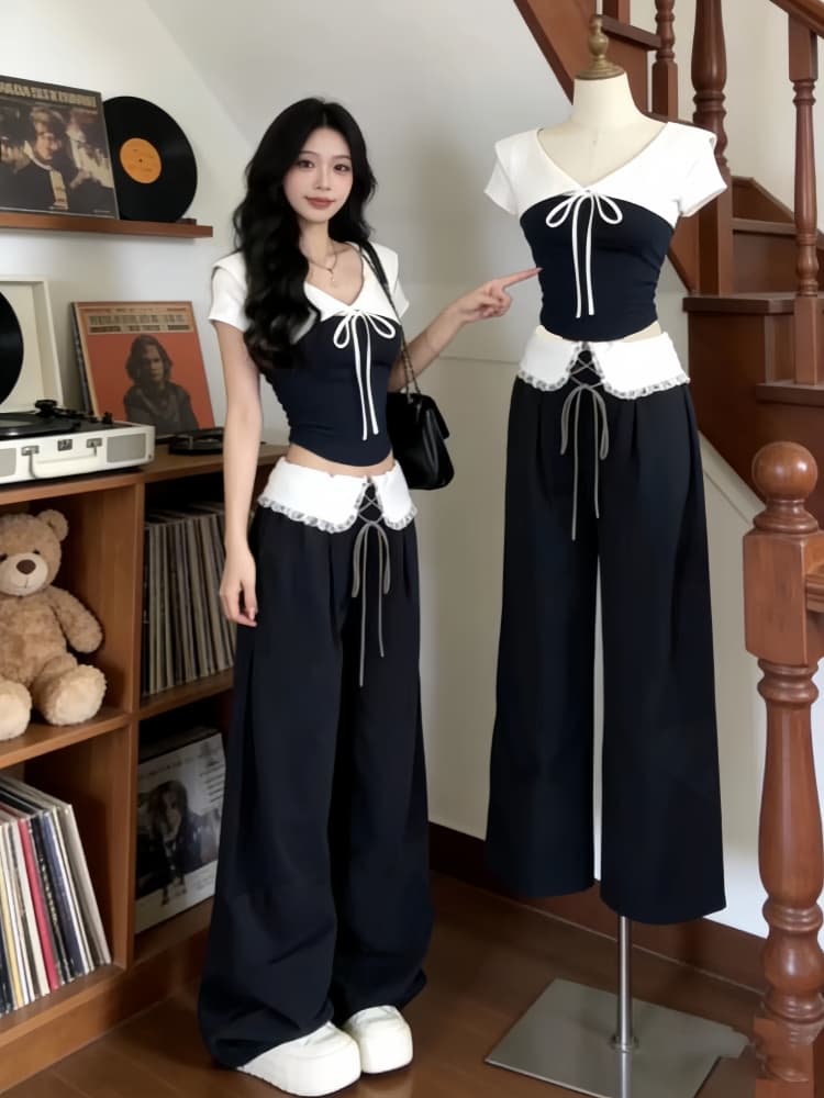 한 부서 디자인 센스 캐주얼 반팔 맨위 와이드 레그 팬츠 투피스 세트 2026 여름 전체 집합 ootd 착용 가져 가라. 세트 상세 이미지 3