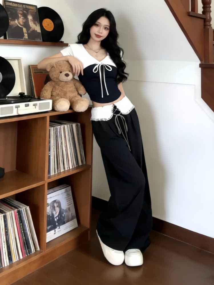 한 부서 디자인 센스 캐주얼 반팔 맨위 와이드 레그 팬츠 투피스 세트 2026 여름 전체 집합 ootd 착용 가져 가라. 세트 상세 이미지 6