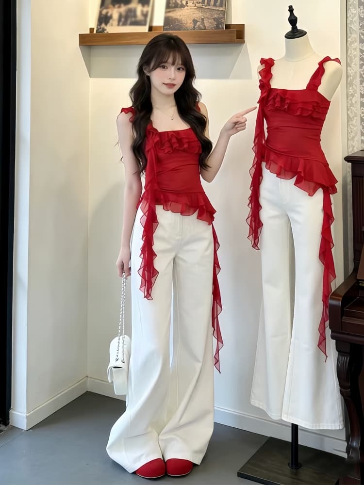 전체 집합 ootd 착용 가져 가라. 세트 2026 여름 섹시함 핫걸 자이언트 잘 생긴 빨간색 슬립 청바지 투피스 세트