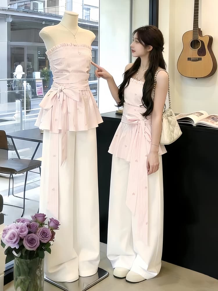 고유 한 아름다운 아름다운 작은 세트 한 부서 부드러운 바람 자이언트 잘 생긴 오프숄더 핑크색 맨위 청바지 투피스 세트 상세 이미지 2