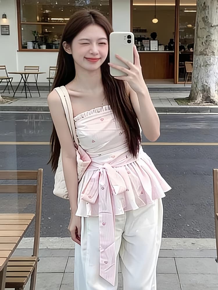 한 부서 chic 디자인 센스 핑크색 꽃무늬 튜브탑 조끼 2026 여름 고유 한 아름다운 슈퍼 잘 생긴 허리 수축 맨위 여성 이미지 2