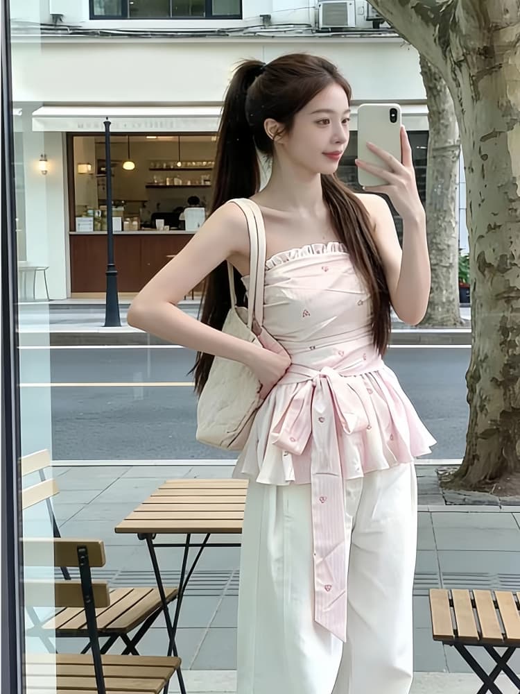 한 부서 chic 디자인 센스 핑크색 꽃무늬 튜브탑 조끼 2026 여름 고유 한 아름다운 슈퍼 잘 생긴 허리 수축 맨위 여성 상세 이미지 6