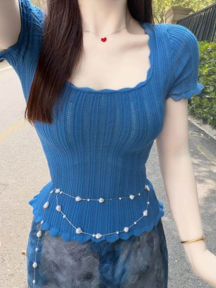 자이언트 잘 생긴 몸매 가꾸기 니트 반팔 맨위 드레스 아이들 여름 2026 새로운 품격 꽃무늬 반신 치마 세트 상세 이미지 4