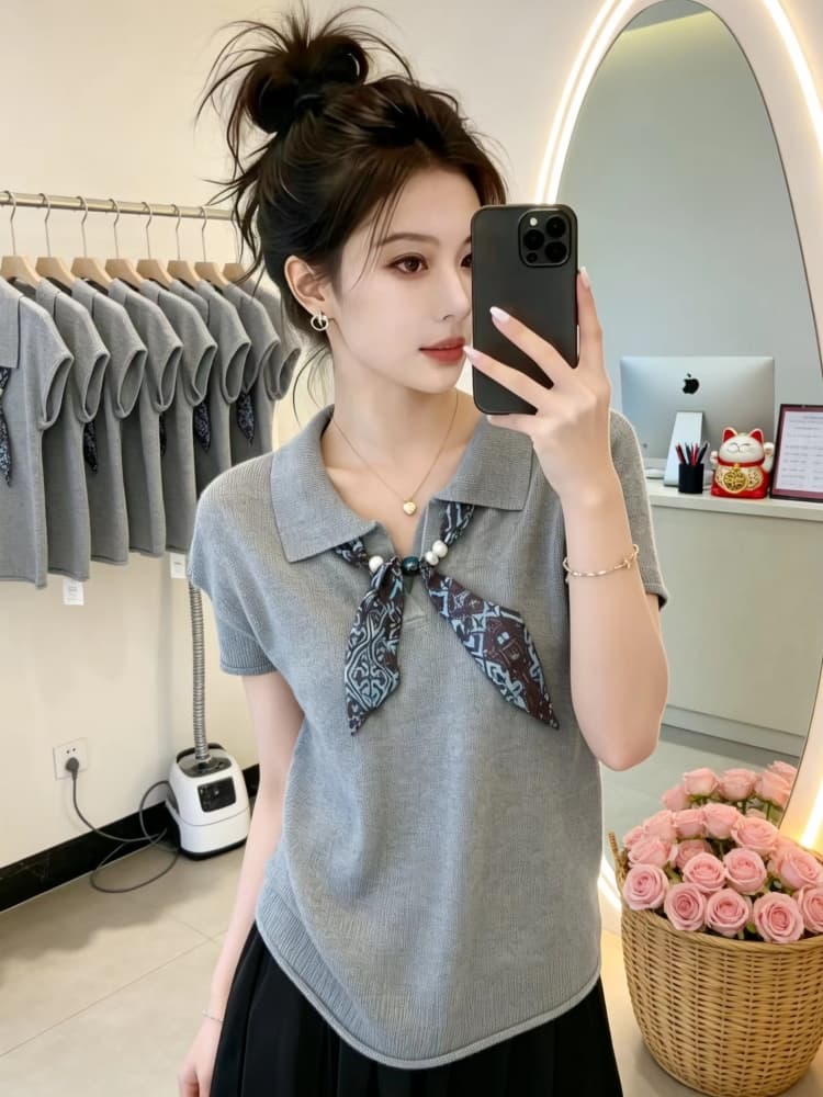 출퇴근 품격 회색 POLO 칼라 스카프 몸매 가꾸기 맨위 여성 2026 새로운 여름 자이언트 잘 생긴 반팔 니트 스웨터 이미지 2