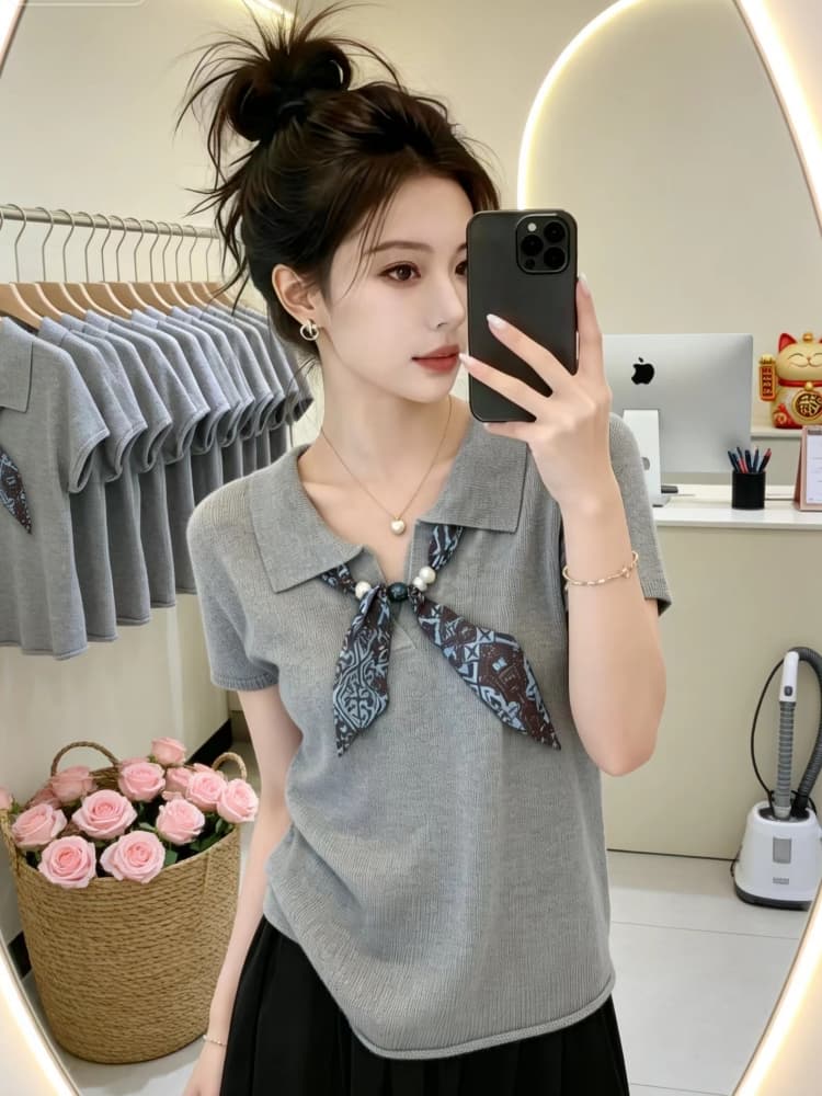 출퇴근 품격 회색 POLO 칼라 스카프 몸매 가꾸기 맨위 여성 2026 새로운 여름 자이언트 잘 생긴 반팔 니트 스웨터 이미지 3
