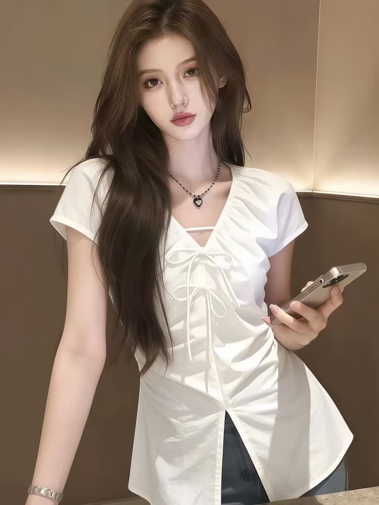 여름 화이트 스트랩 트임 V넥 여성 셔츠 2026 새로운 그레이트 봐라. 프랑스식 사소한 아름다운 품격 맨위 상세 이미지 1