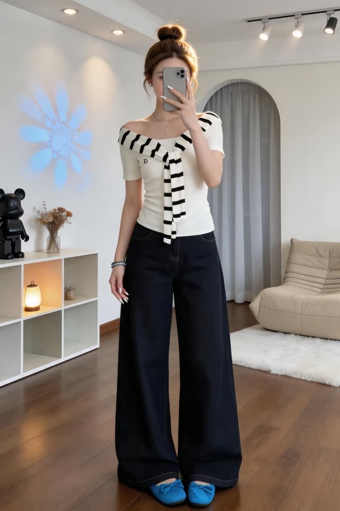 한 바람 chic 전체 집합 여름 ootd 착용 가져 가라. 오프숄더 맨위 와이드 레그 팬츠 어린이 초여름 아름다운 캐주얼 세트 이미지 5