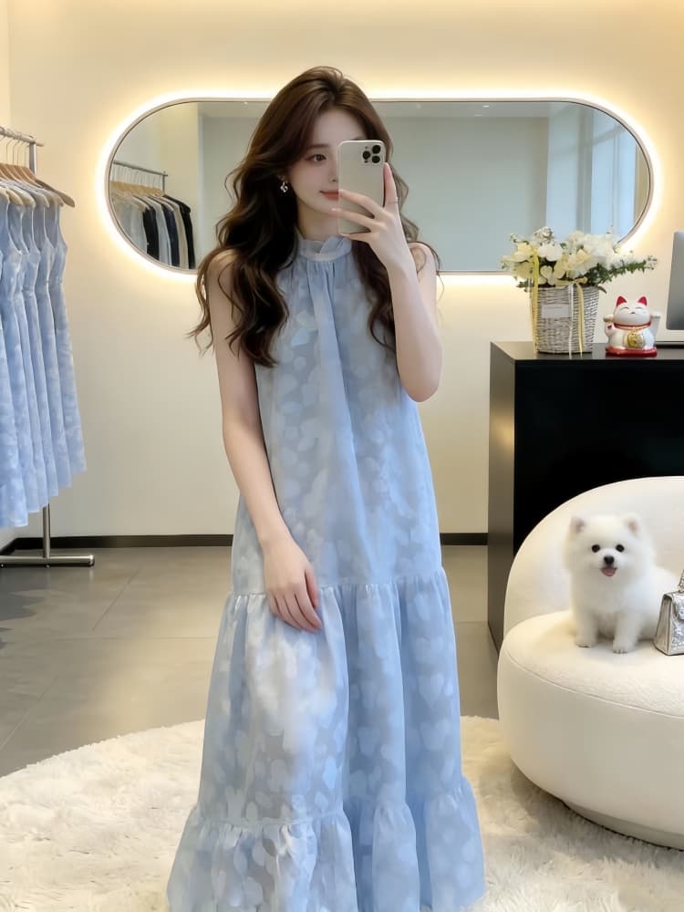 휴가 바람 파란색 행침 목 쉬폰 여성 드레스 2026 여름 새로운 Chic 민소매 A라인 스커트 품격 치마 이미지 3