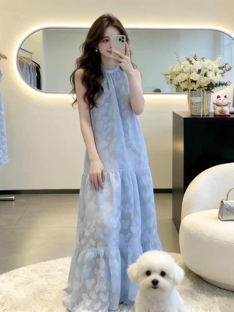 휴가 바람 파란색 행침 목 쉬폰 여성 드레스 2026 여름 새로운 Chic 민소매 A라인 스커트 품격 치마 상세 이미지 1