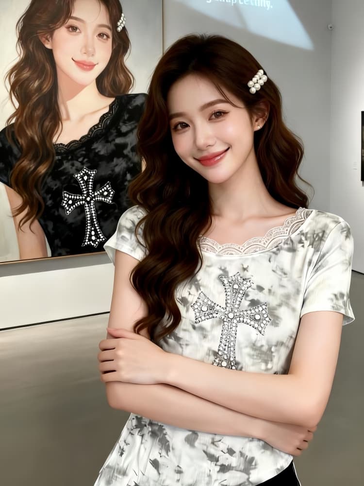 한 부서 순수한 욕망 바람 반팔 티셔츠 여성 슈퍼 잘 생긴 ~ 중 허리 수축 슬림해 보이는 품격 핫걸 아름다운 레이스 조각 맨위 상세 이미지 3