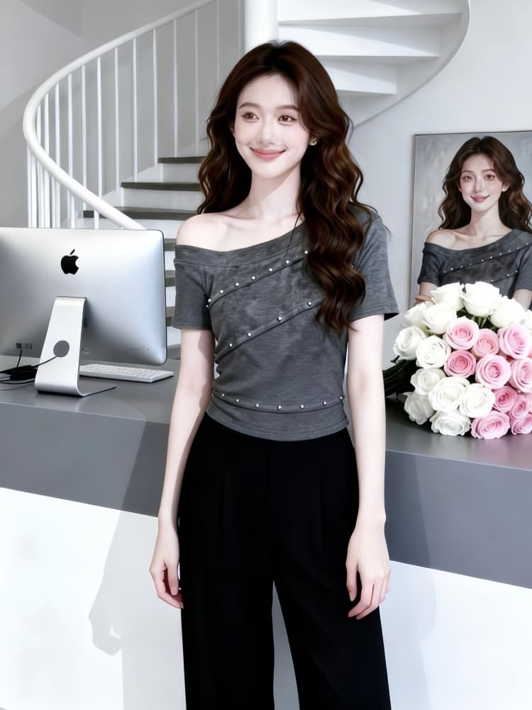 비스듬한 어깨 디자인 센스 반팔 티셔츠 여성 2026 여름 새로운 순수한 욕망 바람 핫걸 몸매 가꾸기 홀치기 염색 순면 맨위 트렌디 이미지 4