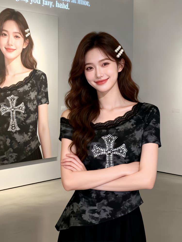 홀치기 염색 오프숄더 반팔 티셔츠 여성 2026 여름 새로운 불규칙 디자인 센스 허리 수축 레이스 조각 맨위