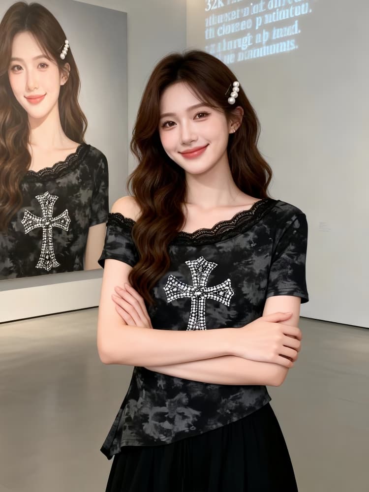 홀치기 염색 오프숄더 반팔 티셔츠 여성 2026 여름 새로운 불규칙 디자인 센스 허리 수축 레이스 조각 맨위 상세 이미지 3
