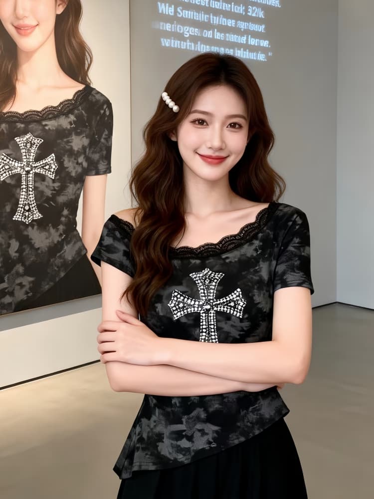홀치기 염색 오프숄더 반팔 티셔츠 여성 2026 여름 새로운 불규칙 디자인 센스 허리 수축 레이스 조각 맨위 상세 이미지 4