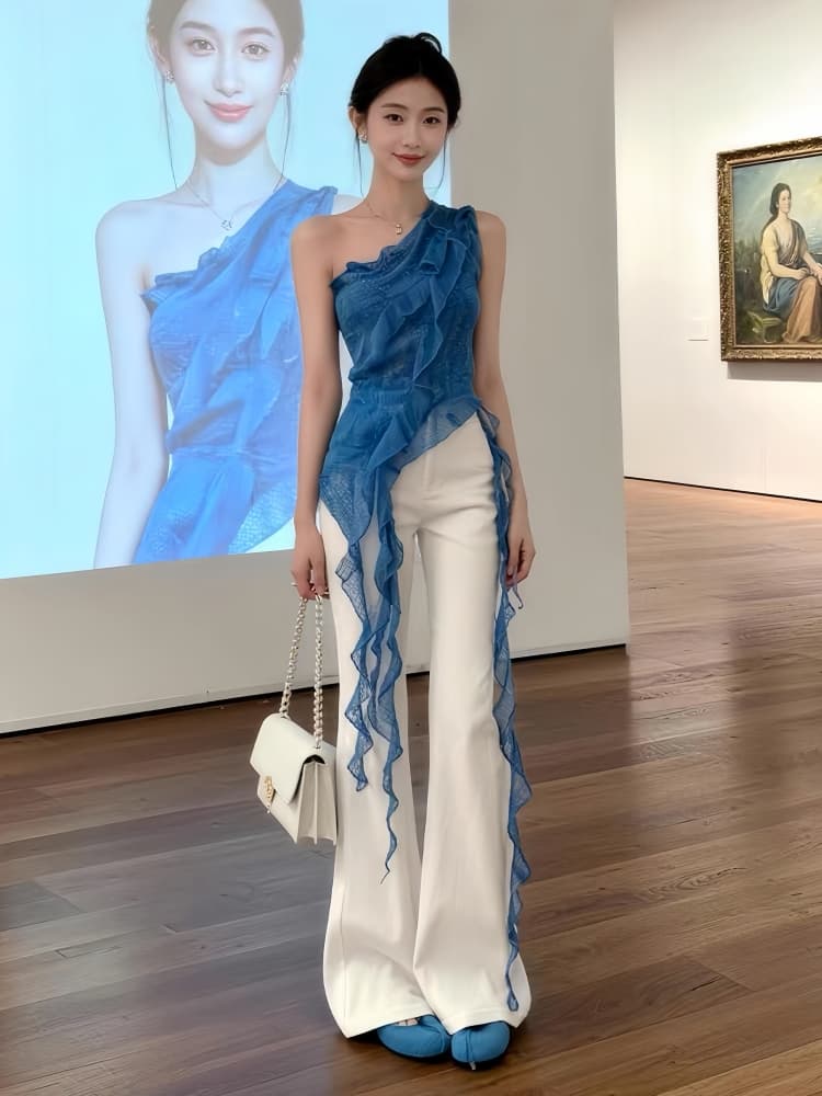 전체 집합 ootd 착용 가져 가라. 세트 여름 디자인 센스 불규칙 슬립 맨위 부츠컷 와이드 레그 팬츠 투피스 세트 트렌디 이미지 3