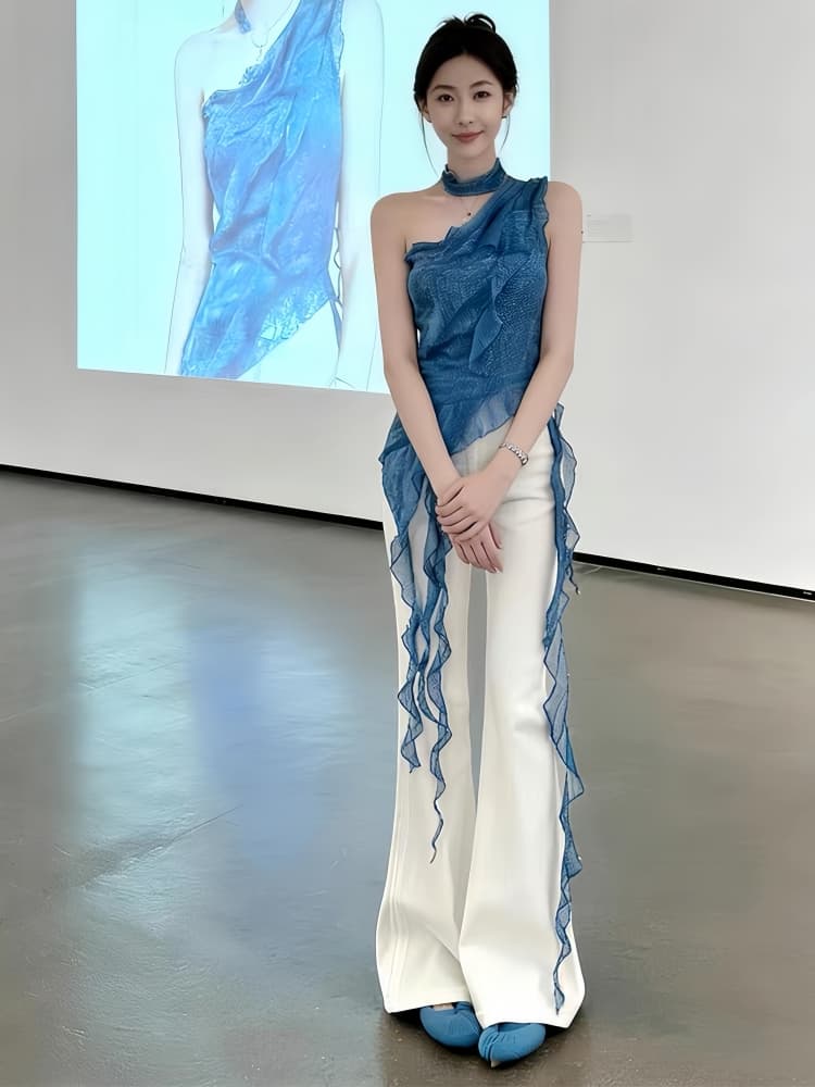 전체 집합 ootd 착용 가져 가라. 세트 여름 디자인 센스 불규칙 슬립 맨위 부츠컷 와이드 레그 팬츠 투피스 세트 트렌디 이미지 4