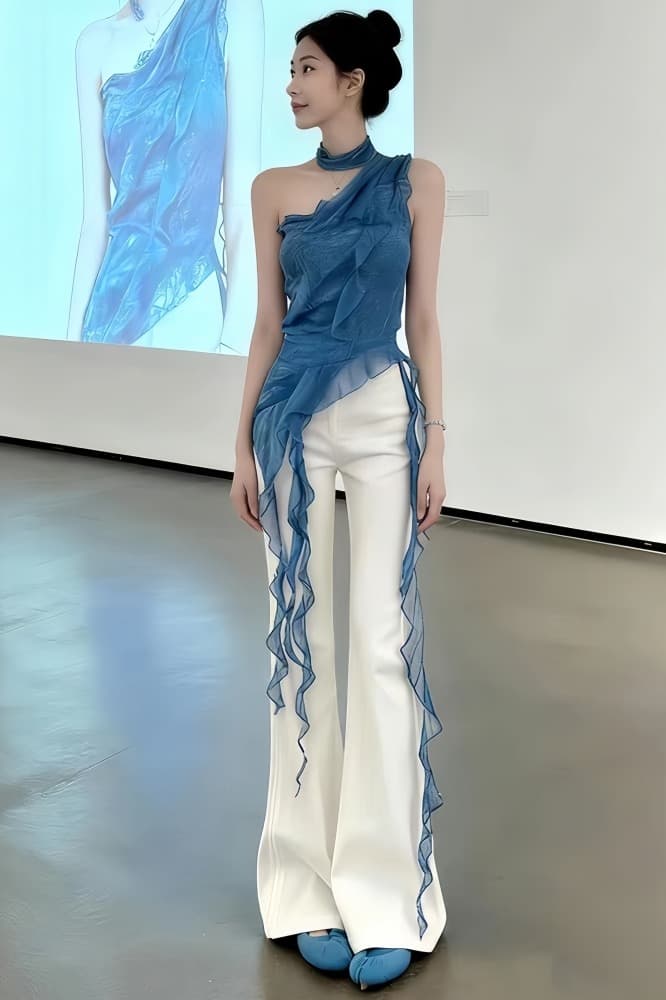 전체 집합 ootd 착용 가져 가라. 세트 여름 디자인 센스 불규칙 슬립 맨위 부츠컷 와이드 레그 팬츠 투피스 세트 트렌디 이미지 5