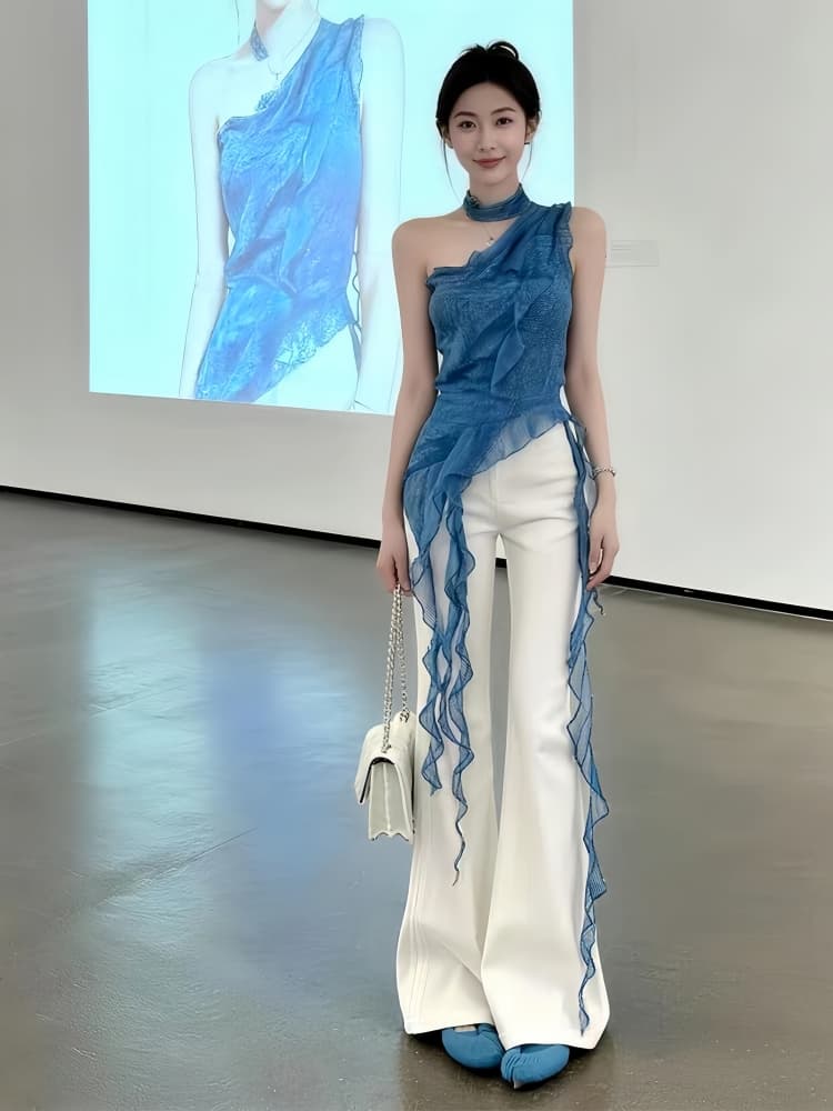 전체 집합 ootd 착용 가져 가라. 세트 여름 디자인 센스 불규칙 슬립 맨위 부츠컷 와이드 레그 팬츠 투피스 세트 트렌디 상세 이미지 3