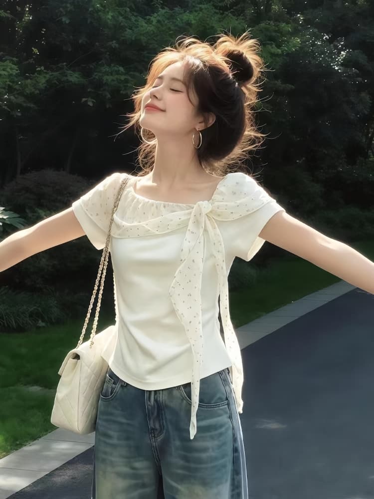 한 부서 꽃무늬 비스듬한 어깨 반팔 티셔츠 여성 여름 2026 튀김 거리 고유 한 아름다운 Chic 자이언트 잘 생긴 쇼트 스타일 맨위 이미지 3