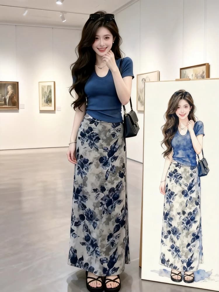 그레이트 봐. 의류 꽃무늬 반신 스커트 두 조각 여성 세트 여름 2026 년 새로운 슈퍼 화재 한 부서 착용 가져 가라. 전체 집합 이미지 3