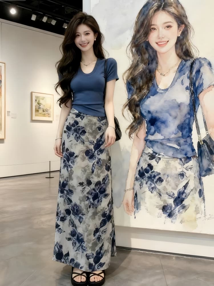 그레이트 봐. 의류 꽃무늬 반신 스커트 두 조각 여성 세트 여름 2026 년 새로운 슈퍼 화재 한 부서 착용 가져 가라. 전체 집합 상세 이미지 2