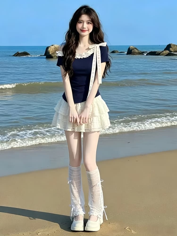 한 부서 달콤한 스타일 세트 여성 여름 레이스 비스듬한 어깨 스트랩 반팔 맨위 하이웨이스트 케이크 미니 스커트 투피스 세트 트렌디 상세 이미지 1