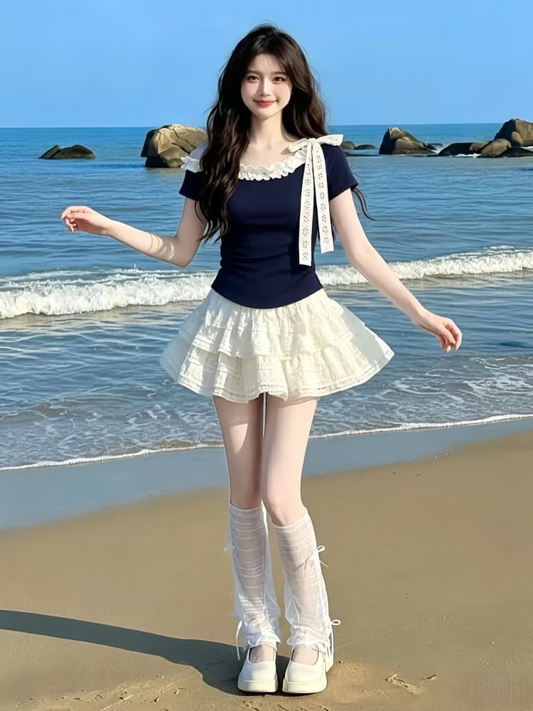 한 부서 달콤한 스타일 세트 여성 여름 레이스 비스듬한 어깨 스트랩 반팔 맨위 하이웨이스트 케이크 미니 스커트 투피스 세트 트렌디 상세 이미지 2