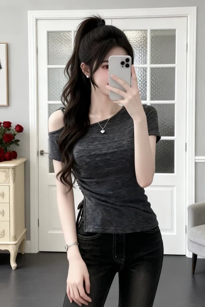 여름 디자인 센스 비스듬한 칼라 레이스업 측면 펌프 로프 몸매 가꾸기 다용도 티셔츠 여성 순수한 욕망 이슬 쇄골 허리 수축 반팔 맨위 이미지 5