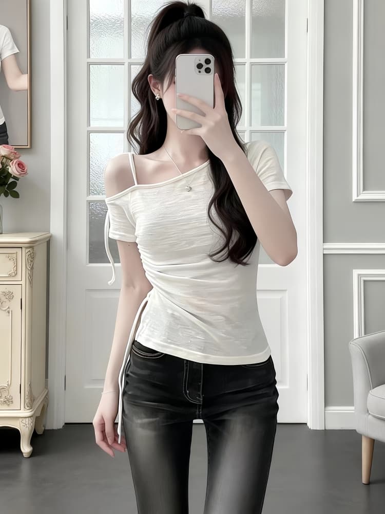 여름 디자인 센스 비스듬한 칼라 레이스업 측면 펌프 로프 몸매 가꾸기 다용도 티셔츠 여성 순수한 욕망 이슬 쇄골 허리 수축 반팔 맨위 상세 이미지 1