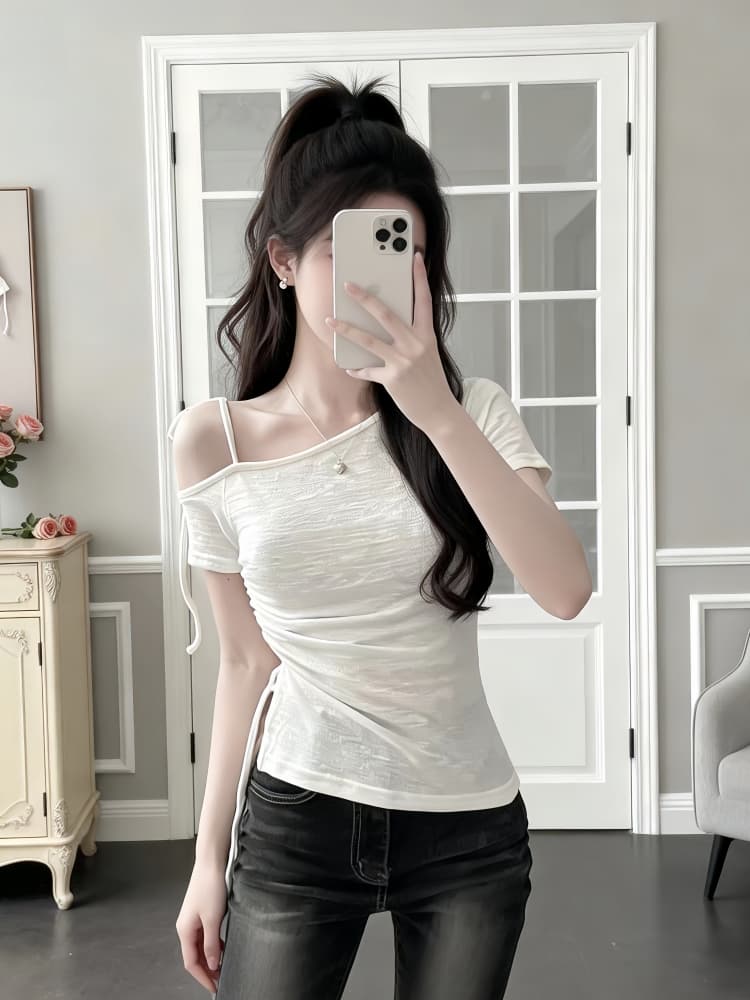 여름 디자인 센스 비스듬한 칼라 레이스업 측면 펌프 로프 몸매 가꾸기 다용도 티셔츠 여성 순수한 욕망 이슬 쇄골 허리 수축 반팔 맨위 상세 이미지 2
