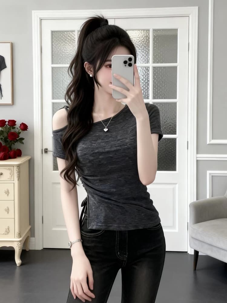 여름 디자인 센스 비스듬한 칼라 레이스업 측면 펌프 로프 몸매 가꾸기 다용도 티셔츠 여성 순수한 욕망 이슬 쇄골 허리 수축 반팔 맨위 상세 이미지 4