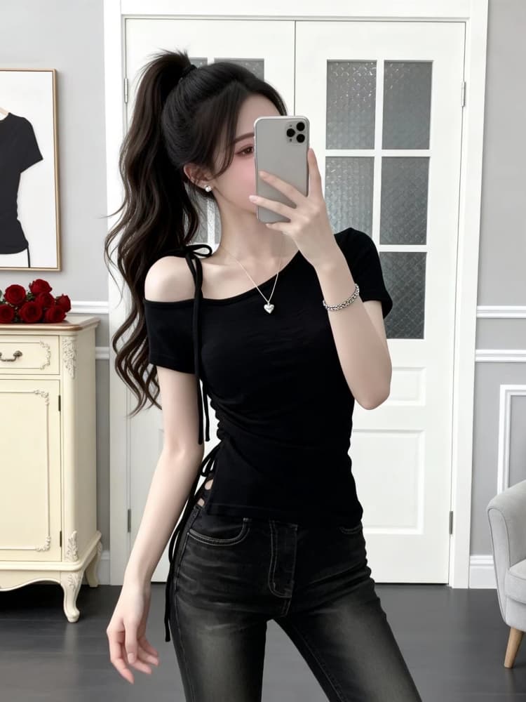 여름 디자인 센스 비스듬한 칼라 레이스업 측면 펌프 로프 몸매 가꾸기 다용도 티셔츠 여성 순수한 욕망 이슬 쇄골 허리 수축 반팔 맨위 상세 이미지 5