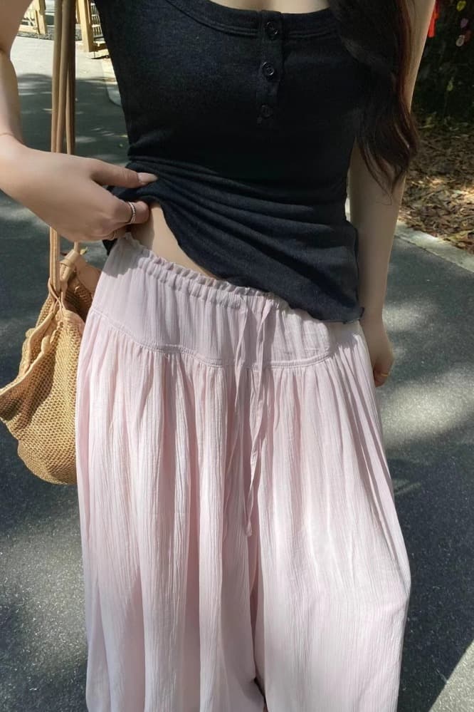 느긋한 품격 펌프 로프 도루 센스 캐주얼 바지 여성 2026 여름 새로운 작은 대중 바지 주름 와이드 레그 팬츠 바닥 청소 바지 이미지 5