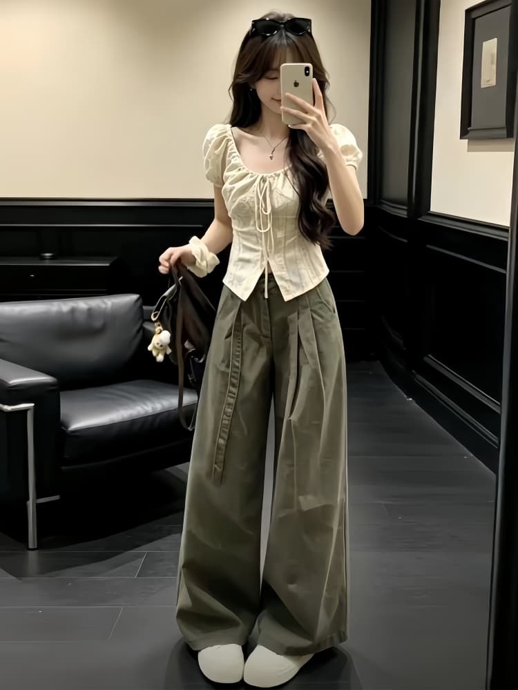 한 부서 자이언트 잘 생긴 ootd 착용 가져 가라. 에이즈 환자 여성 세트 여름 고유 한 아름다운 거품 소매 맨위 와이드 레그 팬츠 어린이 세트 상세 이미지 1