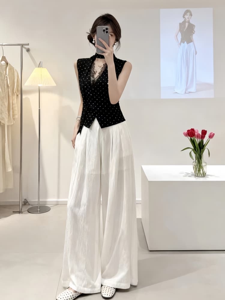한 부서 전체 집합 ootd 착용 가져 가라. 여름 새로운 레이스 도트 무늬 민소매 허리 수축 맨위 와이드 레그 팬츠 두 조각 여성 세트 이미지 2