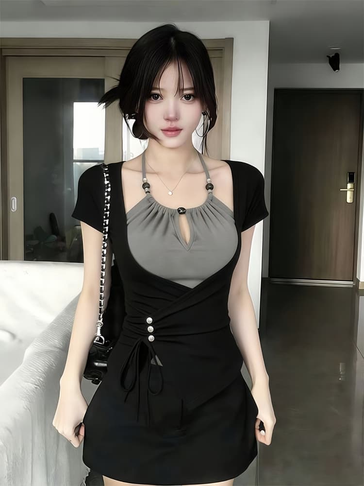 순수한 욕망 핫걸 바람 페이크 레이어드 반팔 티셔츠 여성 2026 여름 새로운 몸매 가꾸기 슬림해 보이는 디자인 센스 검정색 맨위