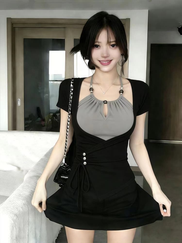 순수한 욕망 핫걸 바람 페이크 레이어드 반팔 티셔츠 여성 2026 여름 새로운 몸매 가꾸기 슬림해 보이는 디자인 센스 검정색 맨위 이미지 2
